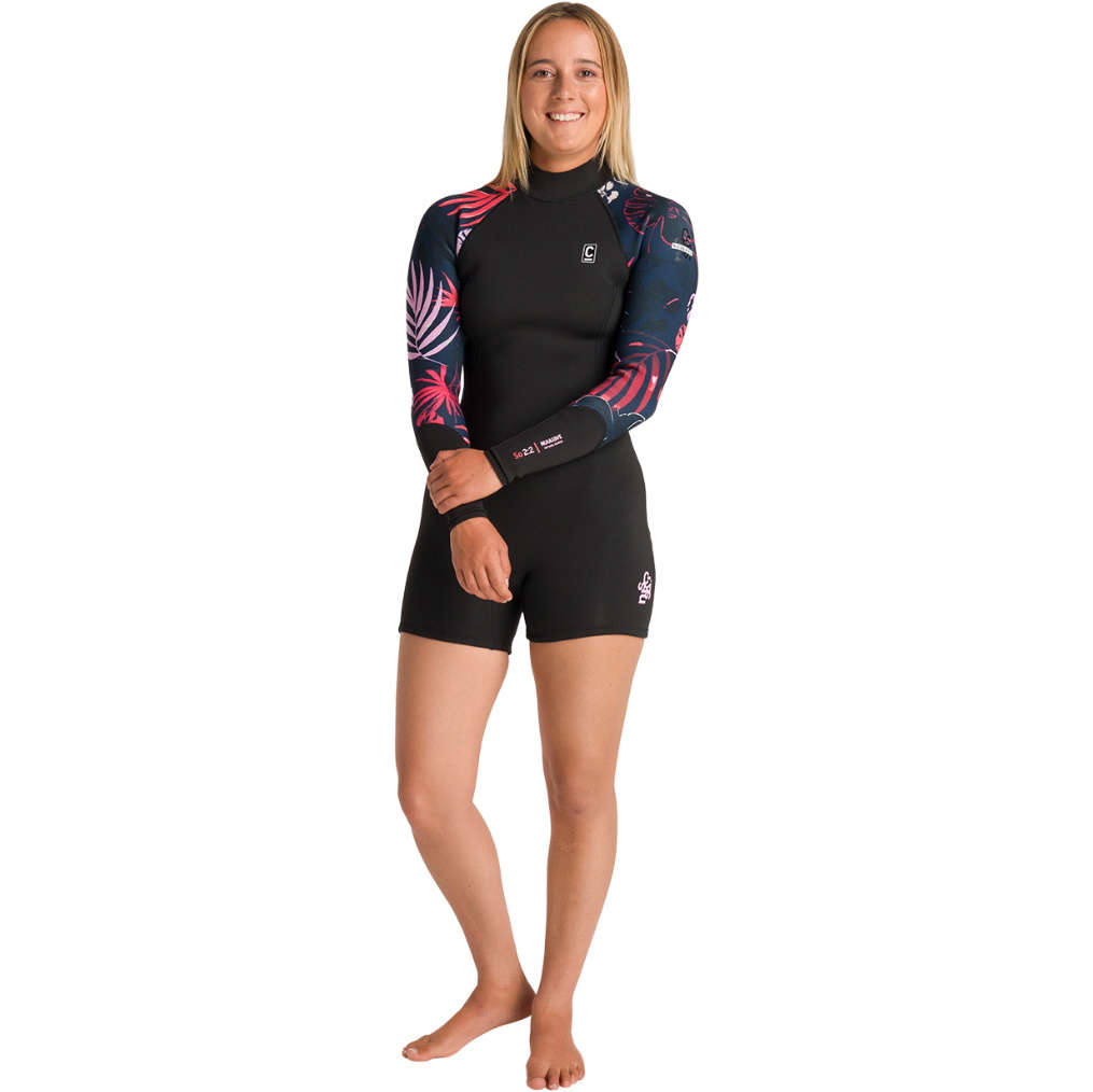 2026 C-Skins Womens NuWave Solace Lite 2/2mm Back Zip Springsuit Wetsuit C-NSOL22SPW - Black / Tropical